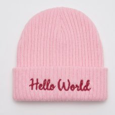 KW123: Baby Embroidered Hello World Knitted Hat- Pink (Newborn -3 Months)